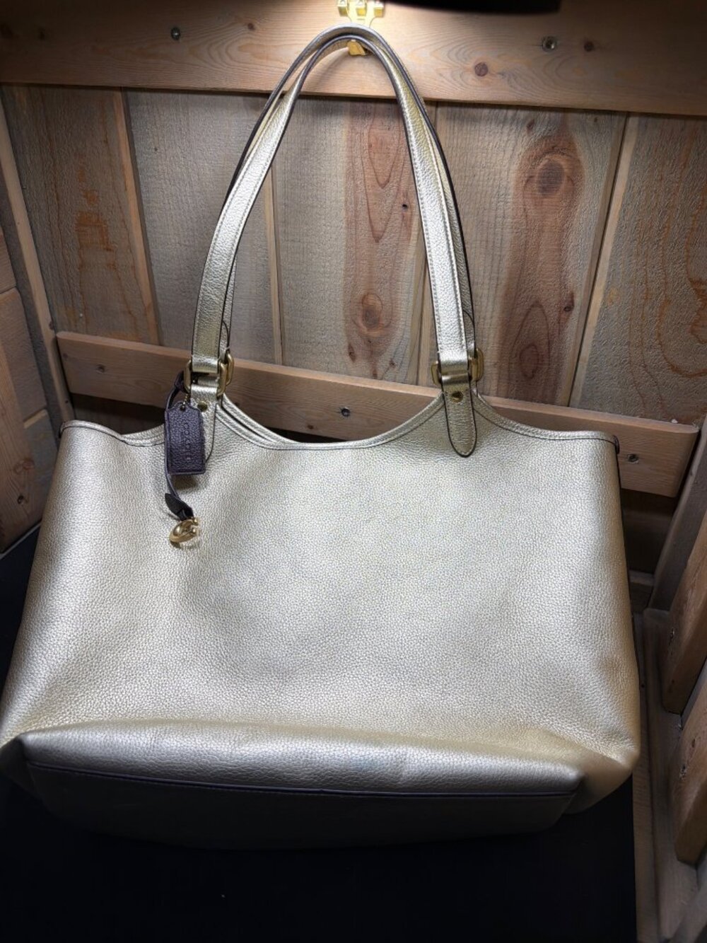 Coach Metallic Gold Pebbled Leather Open Tote Shoulder Bag Womens Charm Purse